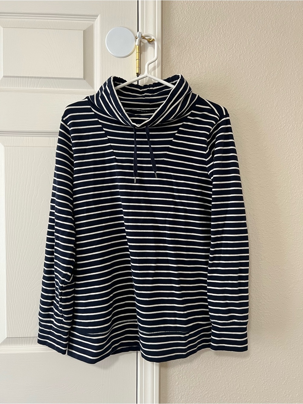L.L.Bean Navy White Striped Cowl Neck Super Soft Pullover Top Medium 504275